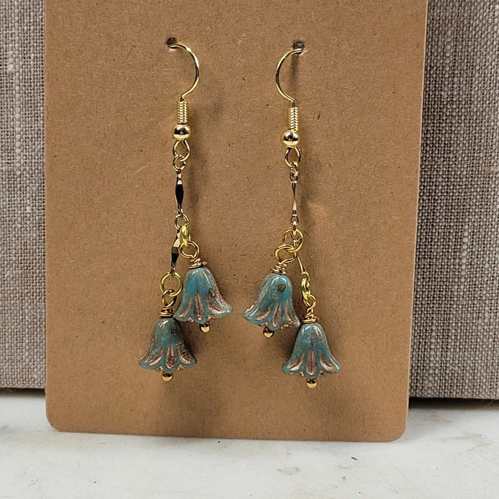 Blue Lily Flower Dangle Drop Earrings Handmade Beaded Whimsical Fairy Boho NEW